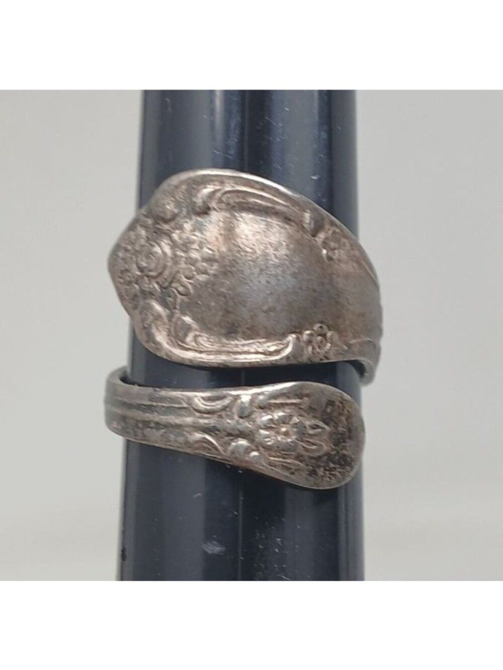VTG Sterling Silver Spoon Ring Adj Floral Pattern Patina Unique Jewelry #RB2-4